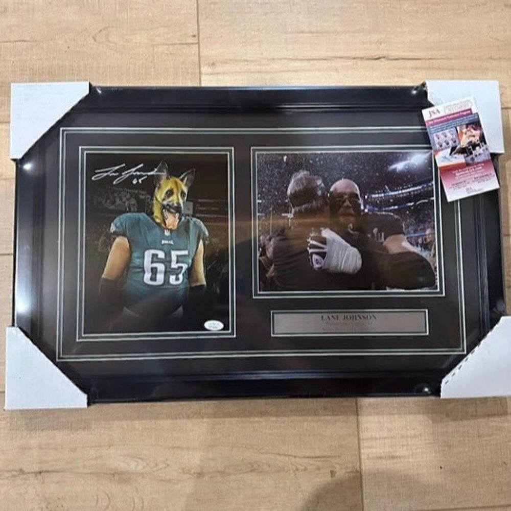 Lane Johnson signed autographed Eagles Dogmask SBLII Framed 8x10 collage JSA